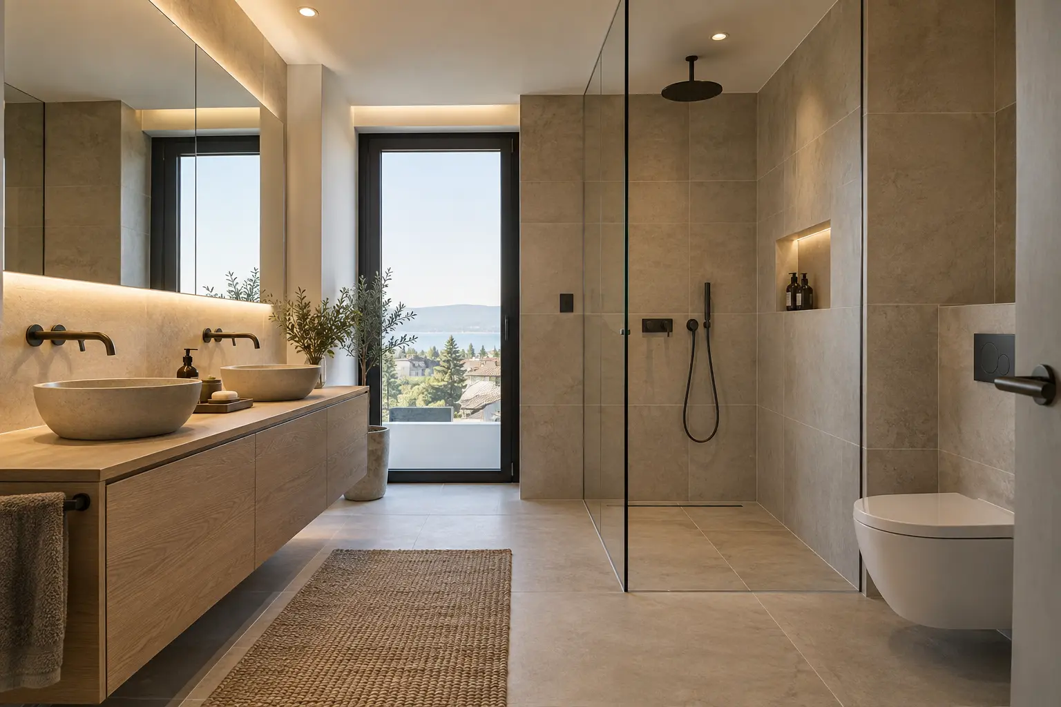 Salle de bain contemporaine rénovée avec pierre naturelle, bois et douche à l’italienne