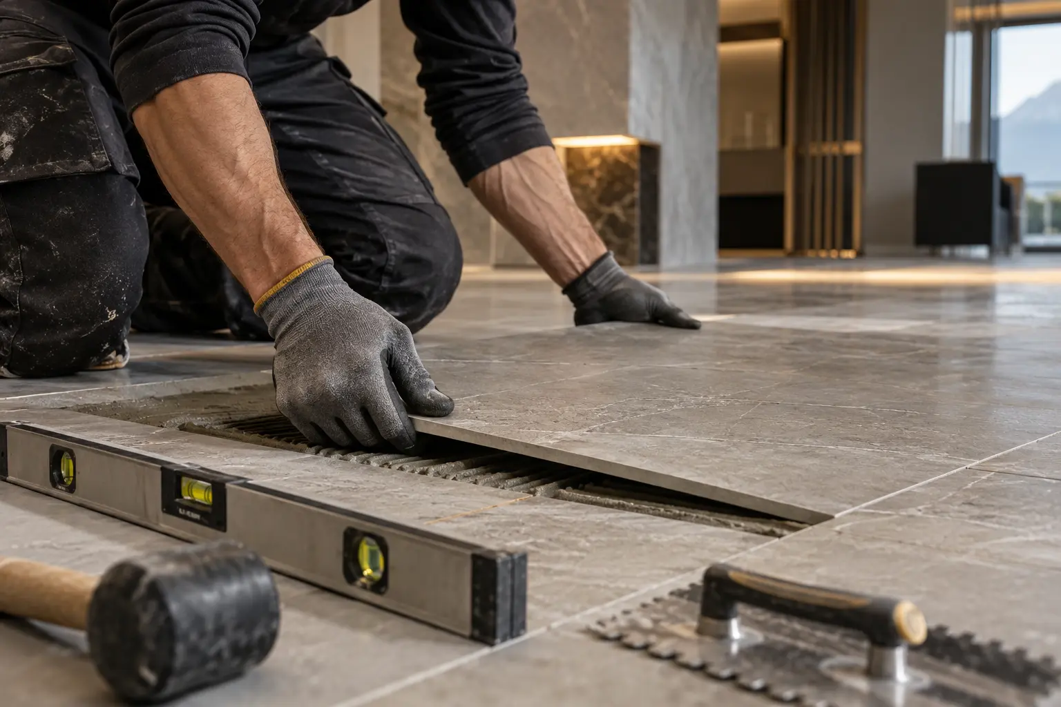 Artisan posant avec précision un carrelage grand format
